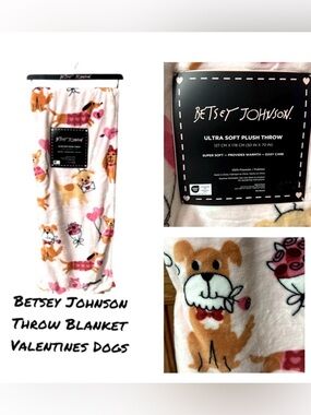 Betsey Johnson Valentine's Day Blanket Throw Dogs Flowers Hearts 50”x70”